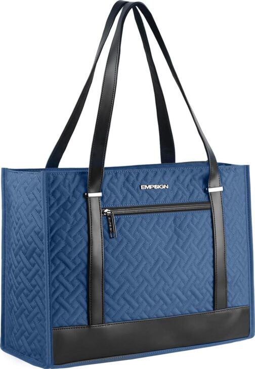 EMPSIGN Laptop Tote bag for women 16 Inch, Stylish Computer Shoulder Tote Bag for Work, Large Capacity Quilted Laptop Briefcase, Waterproof Women Business Office Bag, Quilted Haze Blue