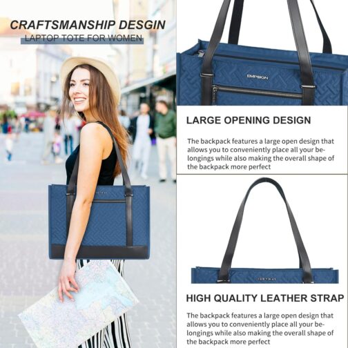 EMPSIGN Laptop Tote bag for women 16 Inch, Stylish Computer Shoulder Tote Bag for Work, Large Capacity Quilted Laptop Briefcase, Waterproof Women Business Office Bag, Quilted Haze Blue - Image 6