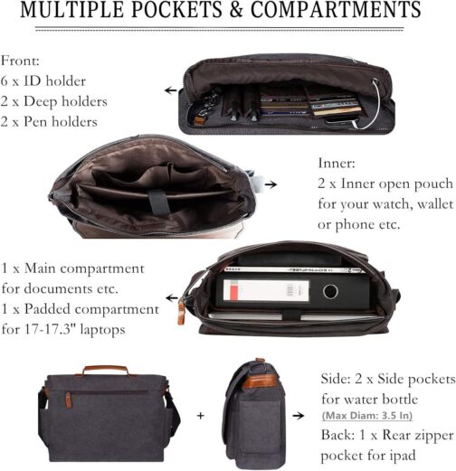 ESTARER 17-17.3 Inch Water-resistant Canvas Laptop Messenger Bag, Grey - Image 5