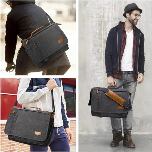 ESTARER 17-17.3 Inch Water-resistant Canvas Laptop Messenger Bag, Grey - Image 2