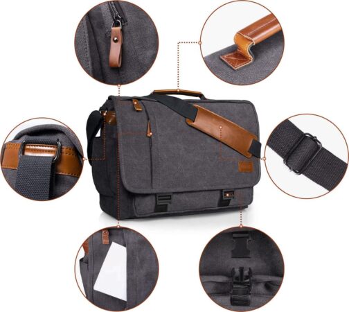 ESTARER 17-17.3 Inch Water-resistant Canvas Laptop Messenger Bag, Grey - Image 6