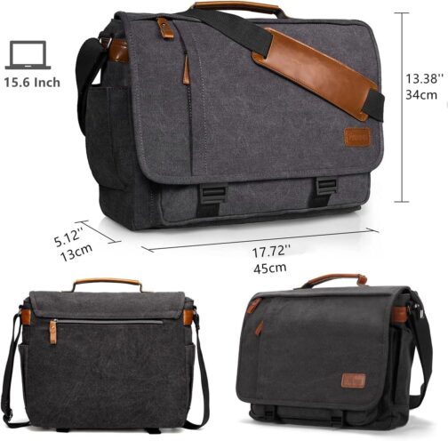 ESTARER Computer Messenger Bag 15-15.6 inch, Water-resistant Canvas Work Bag Briefcase, Laptop Shoulder Bag Satchel with Buckles, Grey - Image 3