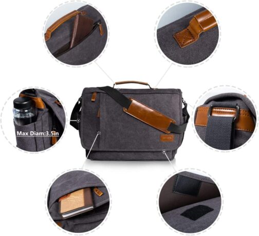 ESTARER Laptop Messenger Bag 17-17.3 Inch Water-resistant Canvas Shoulder Bag for Work College, Grey - Image 6