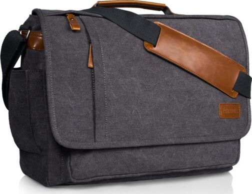 ESTARER Laptop Messenger Bag 17-17.3 Inch Water-resistant Canvas Shoulder Bag for Work College, Grey