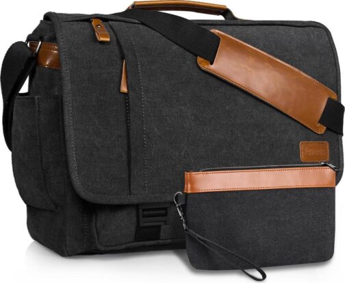 ESTARER Messenger Bag 17-17.3 Inch, Men's Computer Bag Water-resistant Canvas, College/Work/Travel Laptop Shoulder Bag with Pencil Case Pouch, Dark Grey