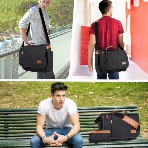 ESTARER Messenger Bag 17-17.3 Inch, Men's Computer Bag Water-resistant Canvas, College/Work/Travel Laptop Shoulder Bag with Pencil Case Pouch, Dark Grey - Image 2