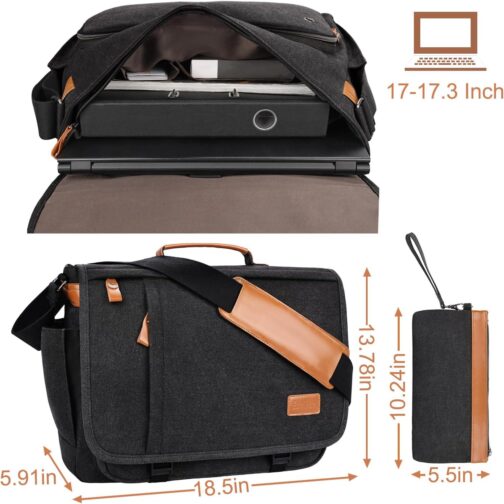 ESTARER Messenger Bag 17-17.3 Inch, Men's Computer Bag Water-resistant Canvas, College/Work/Travel Laptop Shoulder Bag with Pencil Case Pouch, Dark Grey - Image 3