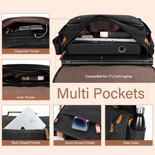 ESTARER Messenger Bag 17-17.3 Inch, Men's Computer Bag Water-resistant Canvas, College/Work/Travel Laptop Shoulder Bag with Pencil Case Pouch, Dark Grey - Image 4