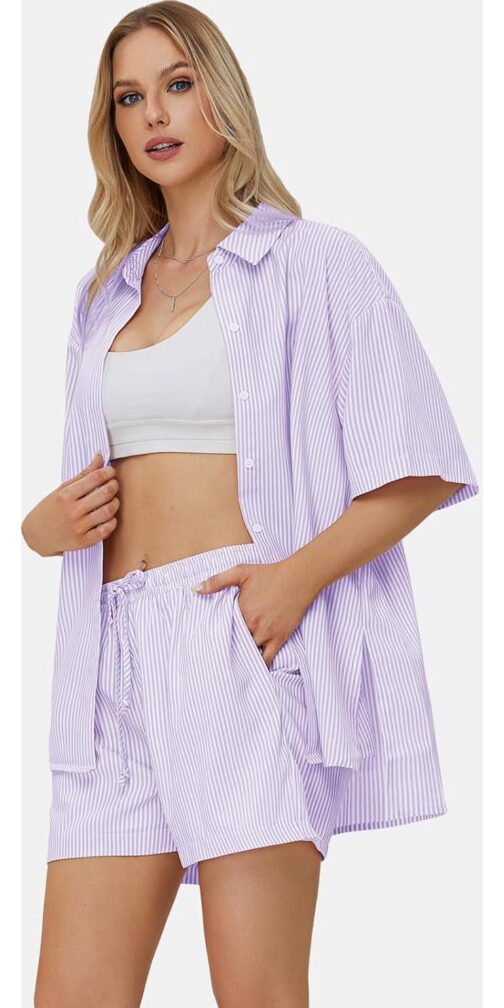 EXLURA Womens Summer 2 Piece Outfits Oversized Short Sleeve Button Down Shirts and Shorts Lounge Pajama Matching Sets 2024 - Image 5
