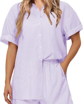 EXLURA Womens Summer 2 Piece Outfits Oversized Short Sleeve Button Down Shirts and Shorts Lounge Pajama Matching Sets 2024