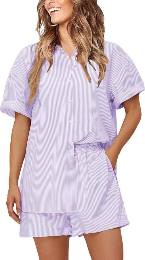 EXLURA Womens Summer 2 Piece Outfits Oversized Short Sleeve Button Down Shirts and Shorts Lounge Pajama Matching Sets 2024