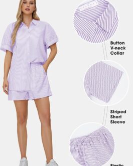 EXLURA Womens Summer 2 Piece Outfits Oversized Short Sleeve Button Down Shirts and Shorts Lounge Pajama Matching Sets 2024