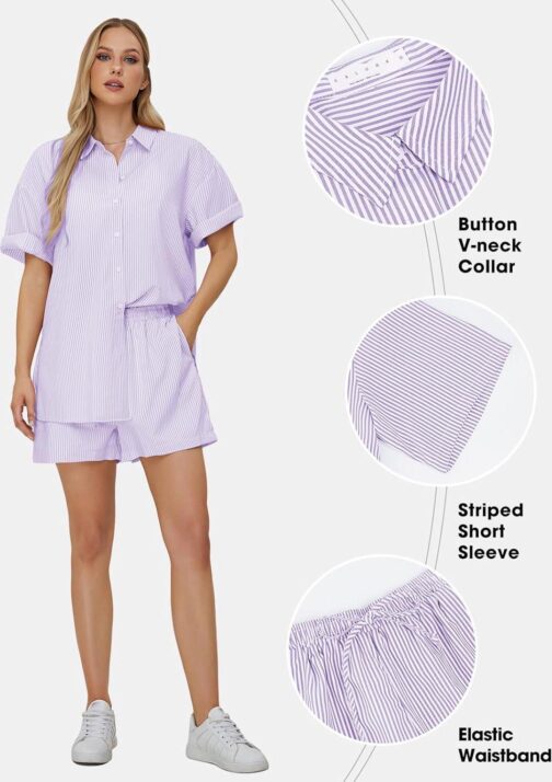 EXLURA Womens Summer 2 Piece Outfits Oversized Short Sleeve Button Down Shirts and Shorts Lounge Pajama Matching Sets 2024 - Image 2