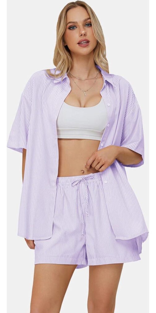 EXLURA Womens Summer 2 Piece Outfits Oversized Short Sleeve Button Down Shirts and Shorts Lounge Pajama Matching Sets 2024 - Image 4