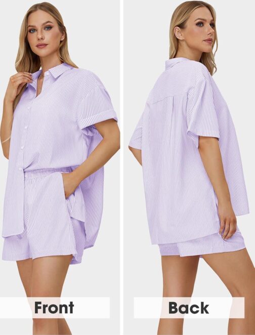 EXLURA Womens Summer 2 Piece Outfits Oversized Short Sleeve Button Down Shirts and Shorts Lounge Pajama Matching Sets 2024 - Image 3