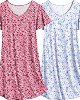 Ekouaer 2 Pack Nightgowns for Women Flare Short Sleeve Sleepshirt V Neck Sleepwear Pajama Dress S-2XL