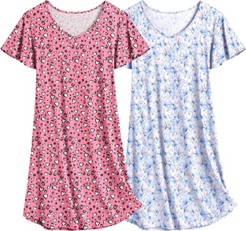 Ekouaer 2 Pack Nightgowns for Women Flare Short Sleeve Sleepshirt V Neck Sleepwear Pajama Dress S-2XL