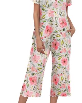 Ekouaer Women’s Pajamas Set Short Sleeve Top With Capri Pants Pjs Lounge and Sleepwear Set S-XXL