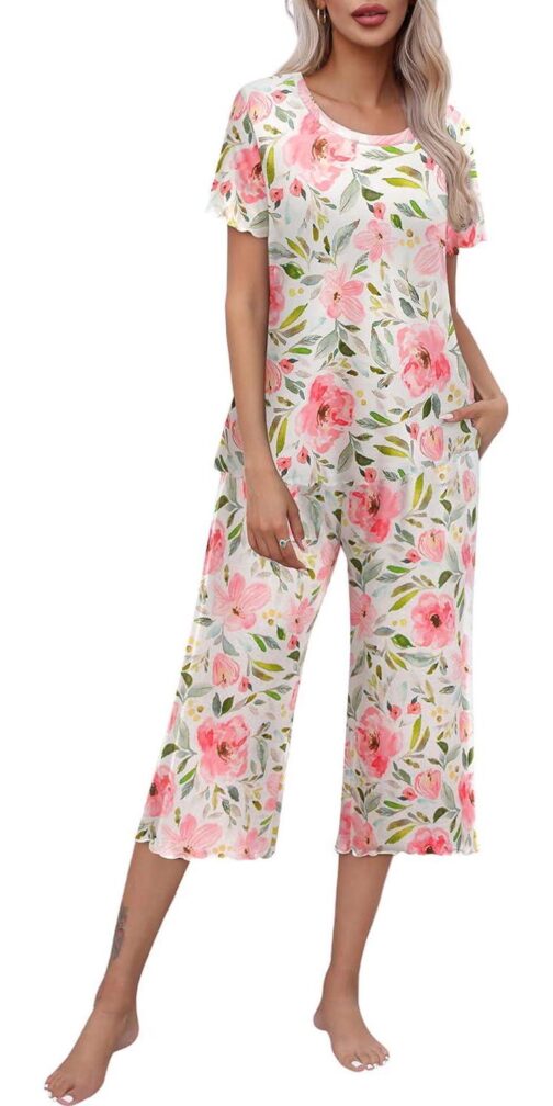 Ekouaer Women's Pajamas Set Short Sleeve Top With Capri Pants Pjs Lounge and Sleepwear Set S-XXL