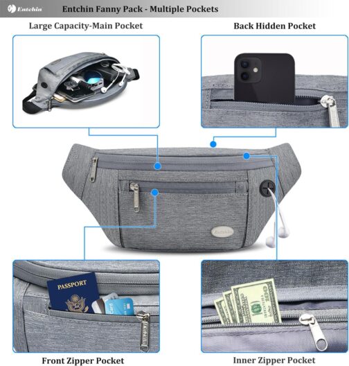 Entchin Fanny Pack for Women Men, Crossbody Bag with 4-Zipper Pockets, Large Capacity and Water Resistant Fashion Bum Bags for Hiking Running Travel Cycling - Image 3