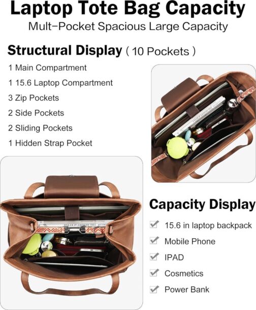 FADEON Large Laptop Tote Bag for Women Designer Leather Laptop Bag Fashion Travel Backpack Purse Shoulder Handbag - Image 2