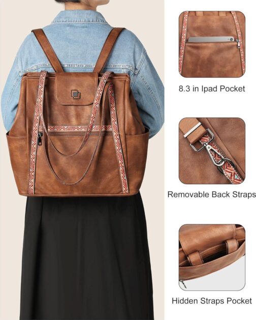 FADEON Large Laptop Tote Bag for Women Designer Leather Laptop Bag Fashion Travel Backpack Purse Shoulder Handbag - Image 5