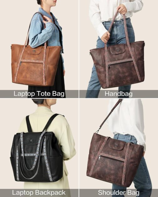 FADEON Large Laptop Tote Bag for Women Designer Leather Laptop Bag Fashion Travel Backpack Purse Shoulder Handbag - Image 6