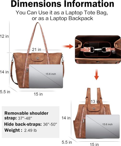 FADEON Large Laptop Tote Bag for Women Designer Leather Laptop Bag Fashion Travel Backpack Purse Shoulder Handbag - Image 3