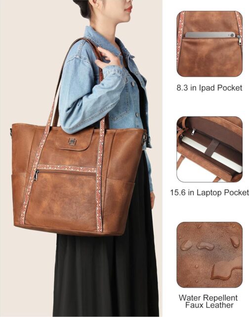 FADEON Large Laptop Tote Bag for Women Designer Leather Laptop Bag Fashion Travel Backpack Purse Shoulder Handbag - Image 4