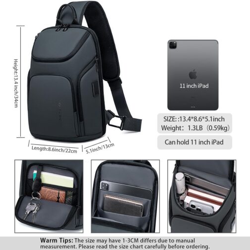 FENRUIEN Grey Sling Bag, Lightweight Crossbody Bag with USB, Sling Backpack Shoulder Chest Pack for Men Casual Rucksack for Daypack/Hiking/Travel/Sports - Image 3