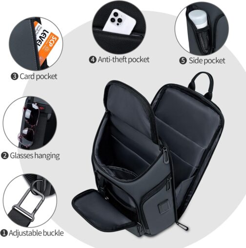 FENRUIEN Grey Sling Bag, Lightweight Crossbody Bag with USB, Sling Backpack Shoulder Chest Pack for Men Casual Rucksack for Daypack/Hiking/Travel/Sports - Image 2