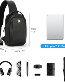 FENRUIEN Hard Shell Sling Bag for Men, Water Resistant Crossbody Backpack with USB Port, Black Chest Bag for Travel/Daily