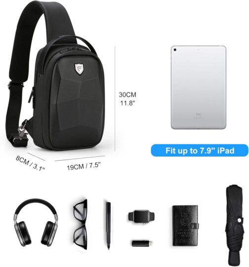 FENRUIEN Hard Shell Sling Bag for Men, Water Resistant Crossbody Backpack with USB Port, Black Chest Bag for Travel/Daily - Image 2