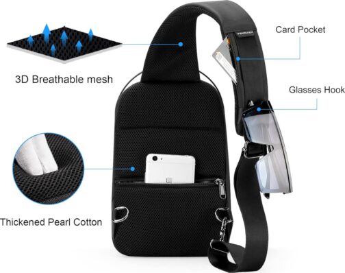 FENRUIEN Hard Shell Sling Bag for Men, Water Resistant Crossbody Backpack with USB Port, Black Chest Bag for Travel/Daily - Image 5