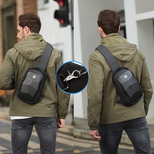 FENRUIEN Hard Shell Sling Bag for Men, Water Resistant Crossbody Backpack with USB Port, Black Chest Bag for Travel/Daily - Image 7