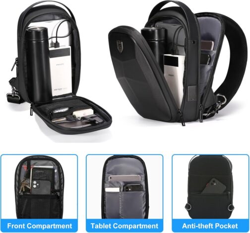 FENRUIEN Hard Shell Sling Bag for Men, Water Resistant Crossbody Backpack with USB Port, Black Chest Bag for Travel/Daily - Image 3