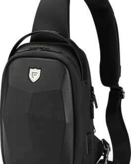 FENRUIEN Hard Shell Sling Bag for Men, Water Resistant Crossbody Backpack with USB Port, Black Chest Bag for Travel/Daily