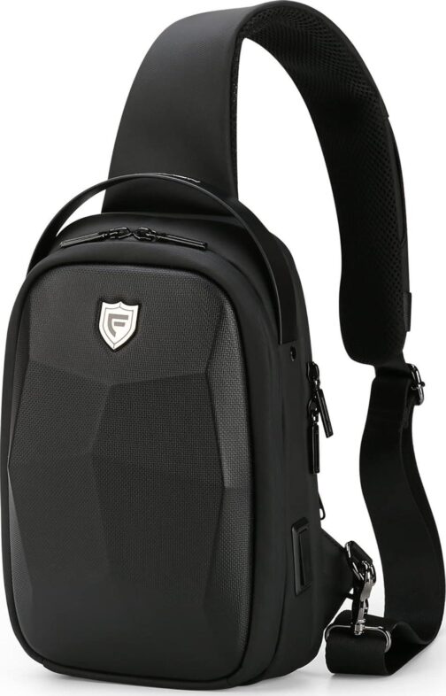 FENRUIEN Hard Shell Sling Bag for Men, Water Resistant Crossbody Backpack with USB Port, Black Chest Bag for Travel/Daily