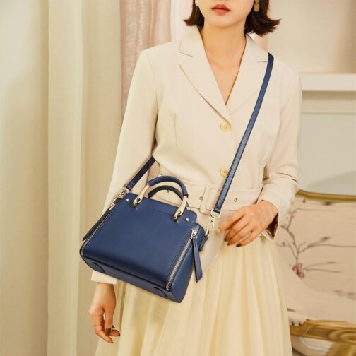 FOXER Leather Handbags for Women, Genuine Leather Ladies Top-handle Bags with Adjustable Shoulder Strap Women's Crossbody Bag Womens Real Cowhide Satchels Leather Messenger Tote Bags(Dark Blue) - Image 2