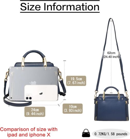 FOXER Leather Handbags for Women, Genuine Leather Ladies Top-handle Bags with Adjustable Shoulder Strap Women's Crossbody Bag Womens Real Cowhide Satchels Leather Messenger Tote Bags(Dark Blue) - Image 3