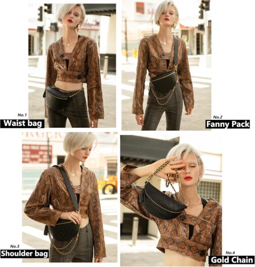 Fanny Pack Crossbody Waist Bag Women Black Luxury Belt Bum Bag Leather Shoulder Purse Fashion Designer With Gold Chain - Image 5