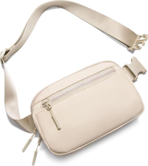 Fanny Pack Crossbody Bags for Women 1.5L Belt Bag with 3 Zipper Pockets Fashion Waist Packs Everywhere Belt Bag Cross Body Fanny Pack for Women (Beige)