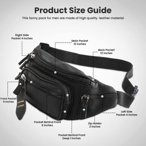 Fanny Pack Waist Bag Multifunction Genuine Leather Hip Bum Bag Travel Pouch for Men and Women- Multiple Pockets and Sturdy Zippers Ideal for Hiking Running And Cycling - Image 3