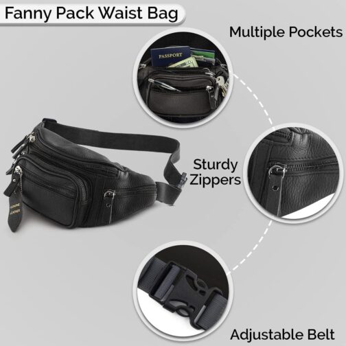 Fanny Pack Waist Bag Multifunction Genuine Leather Hip Bum Bag Travel Pouch for Men and Women- Multiple Pockets and Sturdy Zippers Ideal for Hiking Running And Cycling - Image 7