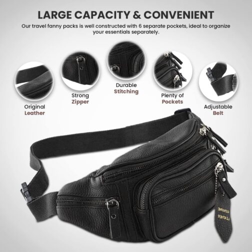 Fanny Pack Waist Bag Multifunction Genuine Leather Hip Bum Bag Travel Pouch for Men and Women- Multiple Pockets and Sturdy Zippers Ideal for Hiking Running And Cycling - Image 4