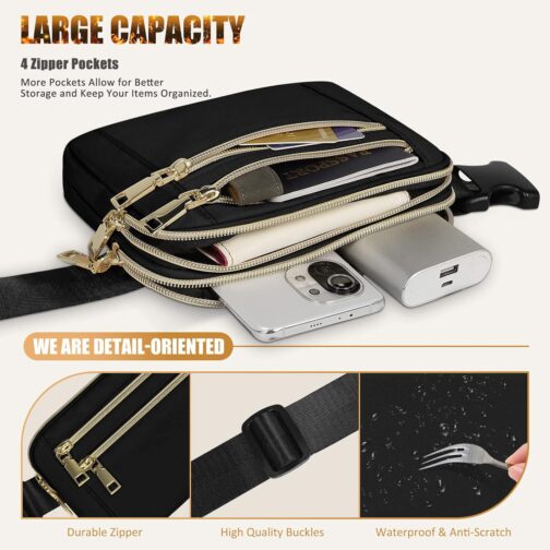 Fanny Packs for Women Fashion Waist Packs Bag with Adjustable Strap and 4 Zipper Pockets Waterproof Everywhere Crossbody Belt Bag for Workout Running Travelling(Black) - Image 3