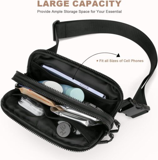 Fanny Packs for Women Men,Belt Bag with 4 Zipper Pockets,Waterproof Crossbody Bag,Fashion Waist Packs with Adjustable Long Strap for Workout/Running/Yoga/Shopping/Hiking,Black - Image 4