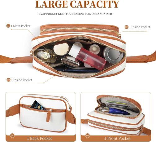 Fanny Packs for Women, Leather Fanny Pack Belt Bag for Women Men with 5 Zipper Pockets Adjustable Belts 4 Card Slots, White Fanny Pack Crossbody Fashion Waist Packs for Running Disney Hiking - Image 6