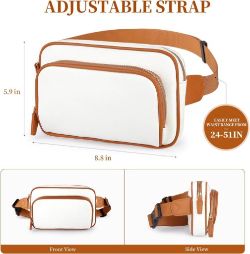 Fanny Packs for Women, Leather Fanny Pack Belt Bag for Women Men with 5 Zipper Pockets Adjustable Belts 4 Card Slots, White Fanny Pack Crossbody Fashion Waist Packs for Running Disney Hiking - Image 5