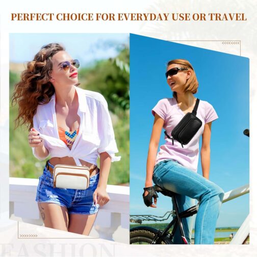 Fanny Packs for Women, Leather Fanny Pack Belt Bag for Women Men with 5 Zipper Pockets Adjustable Belts 4 Card Slots, White Fanny Pack Crossbody Fashion Waist Packs for Running Disney Hiking - Image 3